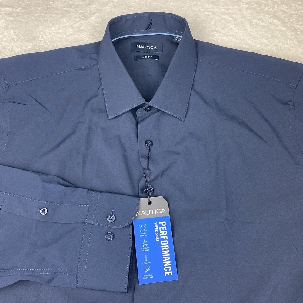 Nautica Performance Super Shirt Mens 17-17.5/34-35 Navy Blue Slim Fit New w/Tags